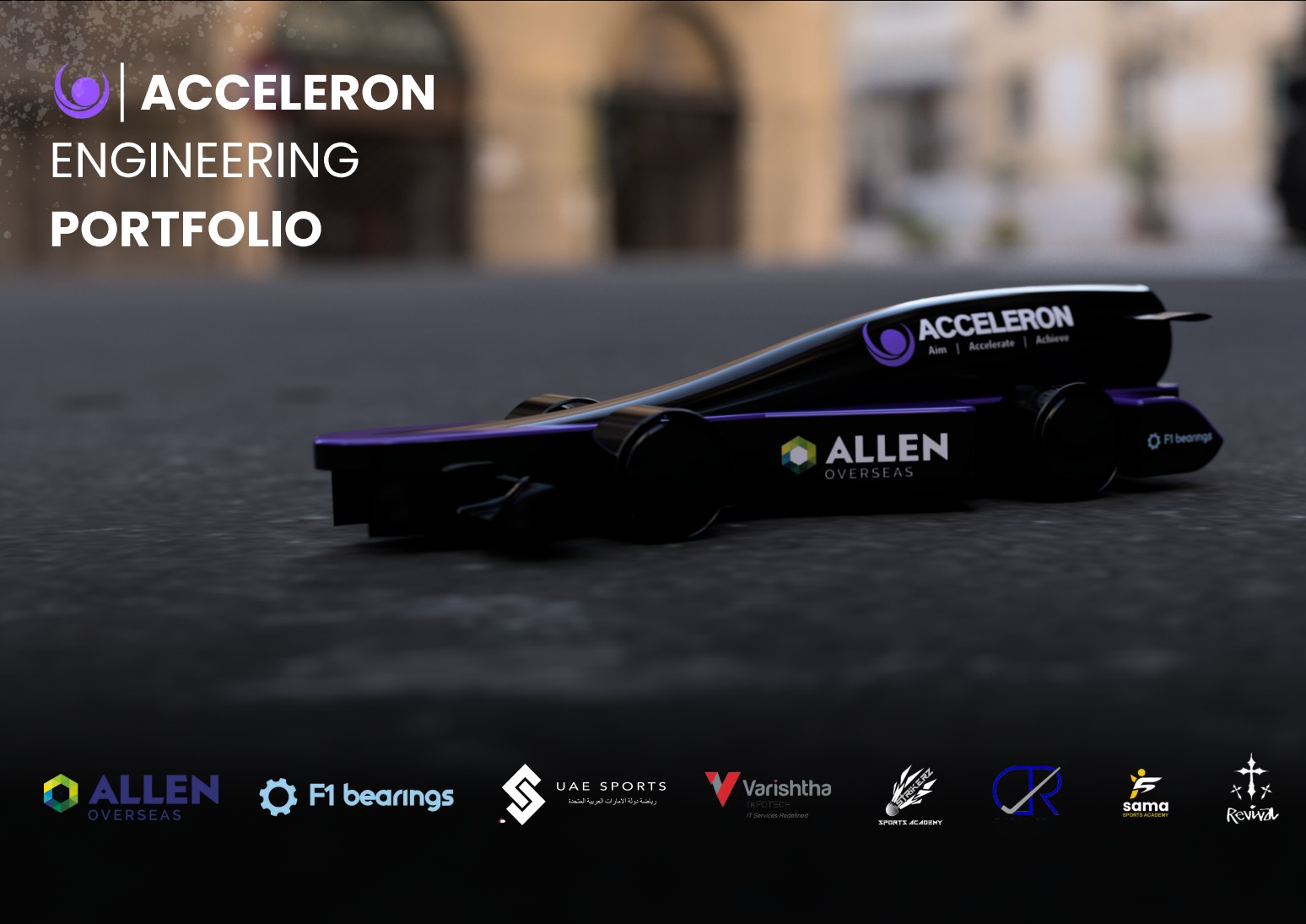 Acceleron’s black and purple race car on the Engineering Portfolio cover